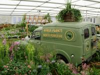 Hardy Plants display featuring avintage Morris Minor van at the 2022 RHS Chelsea flower show